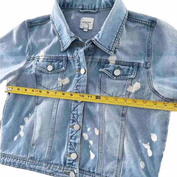 ACTIVE USA Denim Crop Jacket Large Bleach Spot Distressed Light Blue - Picture 5 of 8